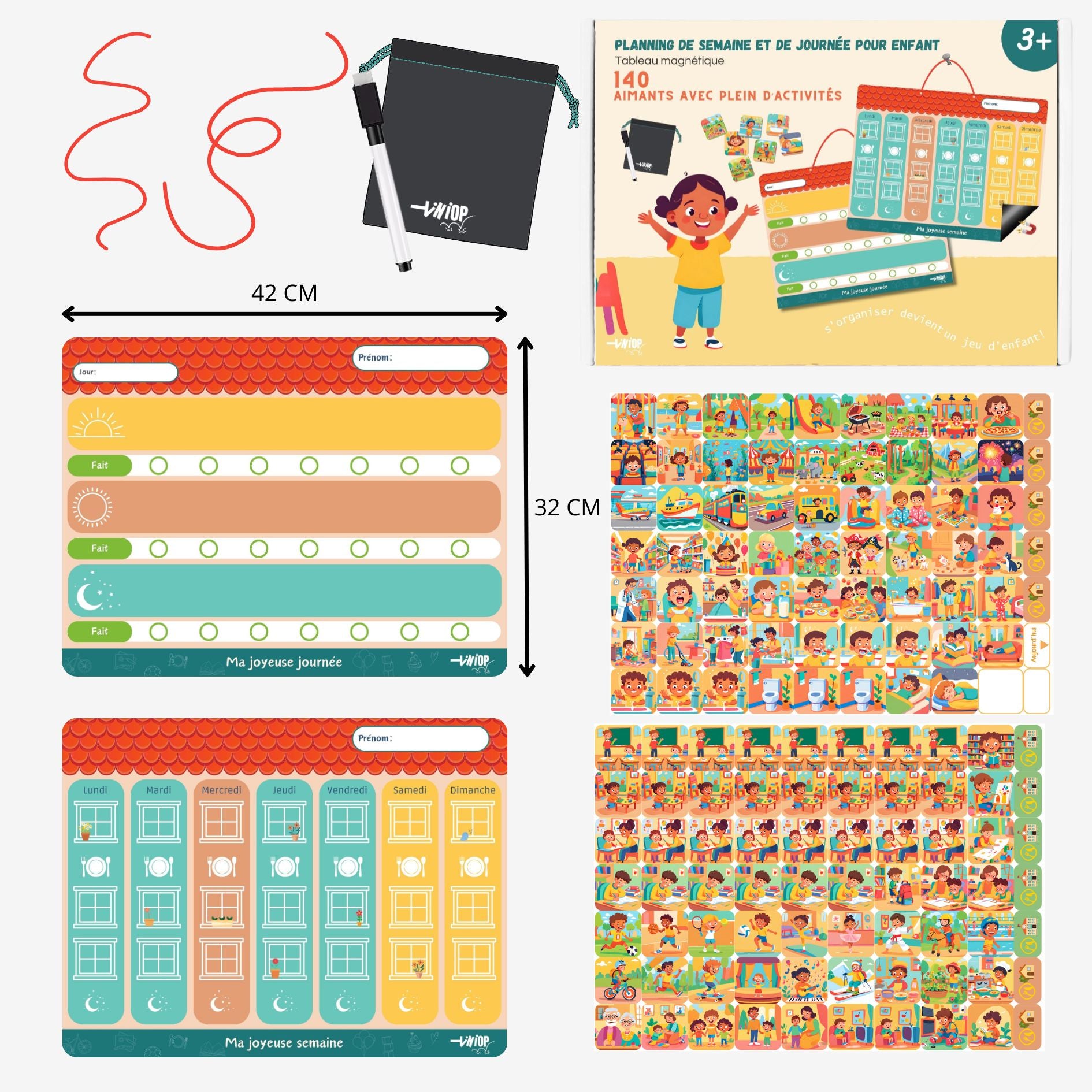 TINIOP®-Duo Planning Semaine et Journée pour Enfants, Magnétique avec 140 Aimants