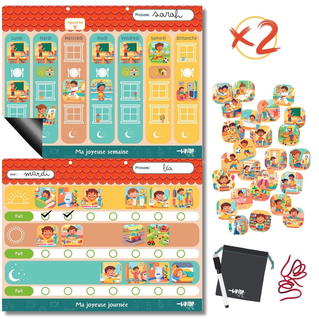 TINIOP®-Duo Planning Semaine et Journée pour Enfants, Magnétique avec 140 Aimants