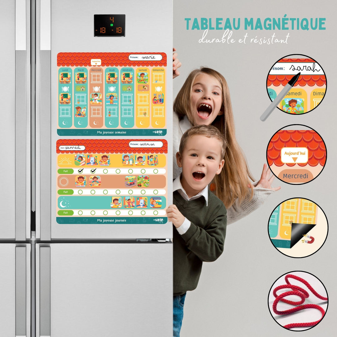 TINIOP®-Duo Planning Semaine et Journée pour Enfants, Magnétique avec 140 Aimants